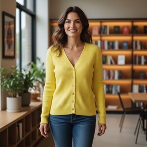 Boston Proper Ribbed Knit V-Neck Cardigan Women XS Yellow Button Up Y2K Preppy